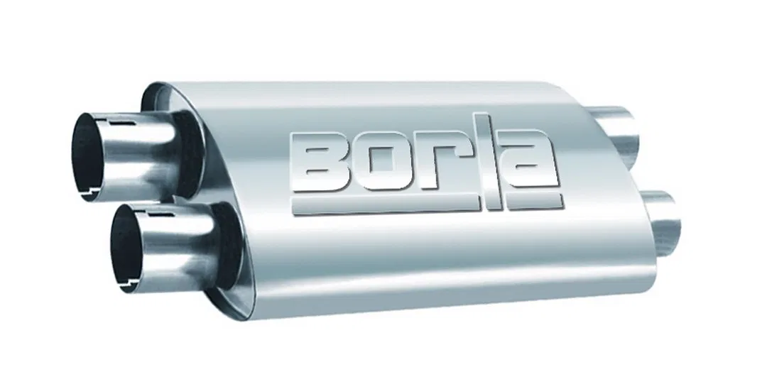 400286 – BORLA Exhaust Muffler, 9-1/2 Inch Width x 4 Inch Height Oval T-304 Stainless Steel Case Dual 2-1/2 Inch Inle...